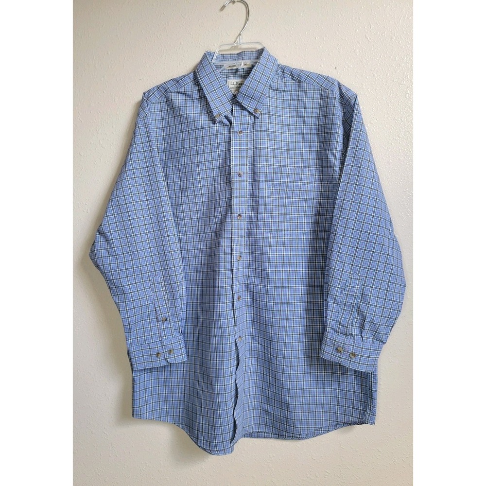 LL Bean Wrinkle Resistant Mens Button Down Long Sleeve Shirt Blue Sz L